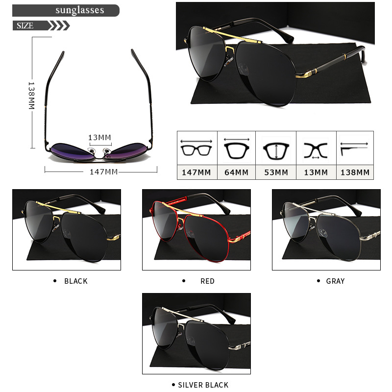 High Quality Men's Designer Polarized Sunglasses Famous Brands Luxury Metal Shades for Driving Black and Red Frame Colors Details and Specifications
