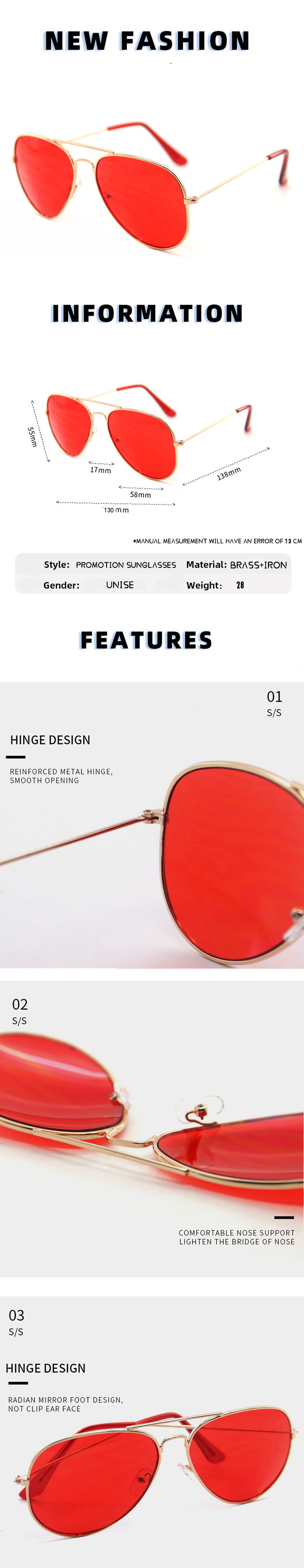New Style Custom logo Promotion Fashion Double Bridge Color Lens Unisex Stainless Metal Frame Airman Sunglasses Details and Specifications
