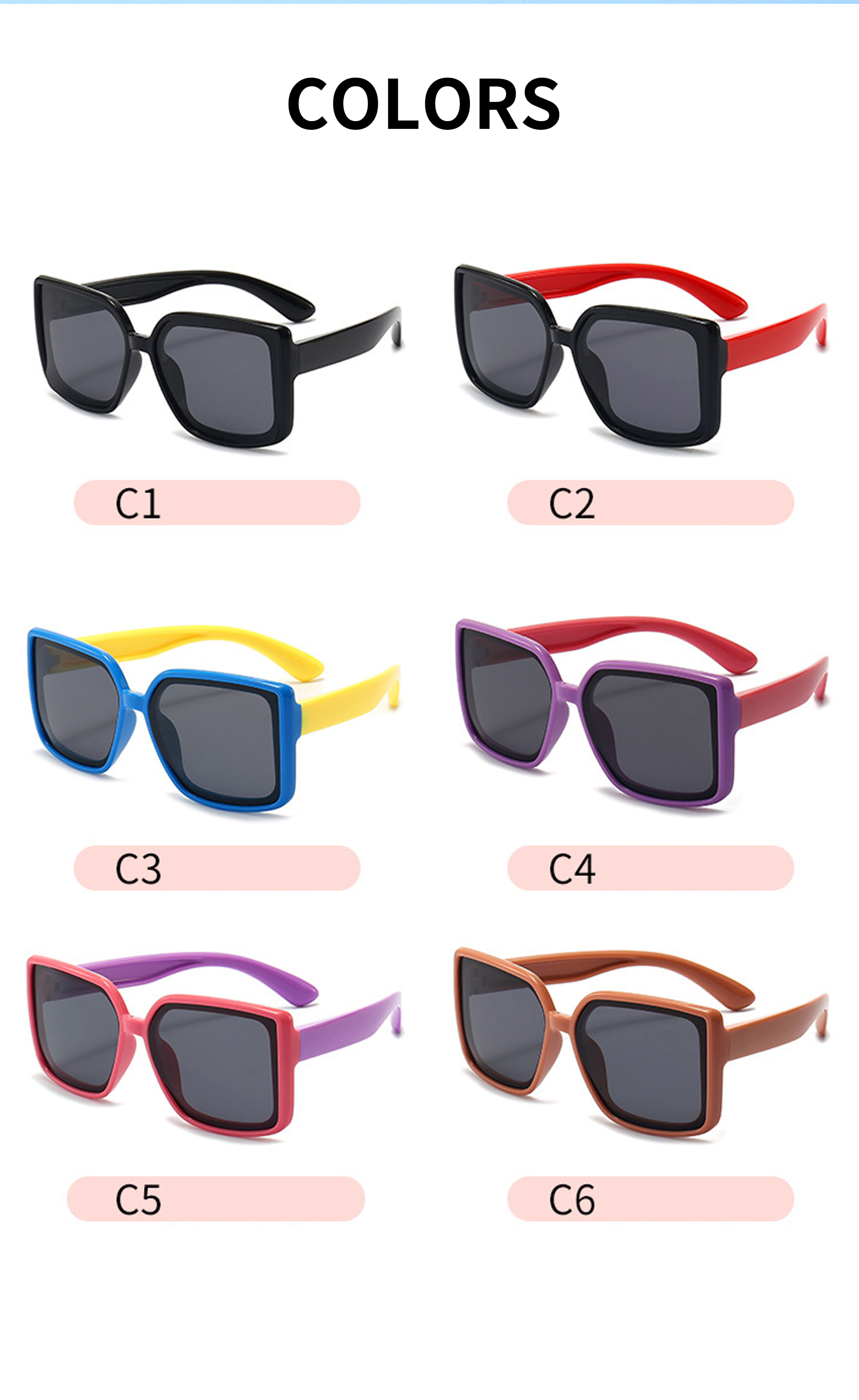 Hot Selling Girls Boys Big Frame Sunglasses Designer Customize Polarized Square Oversized Kids Sunglasses Details and Specifications