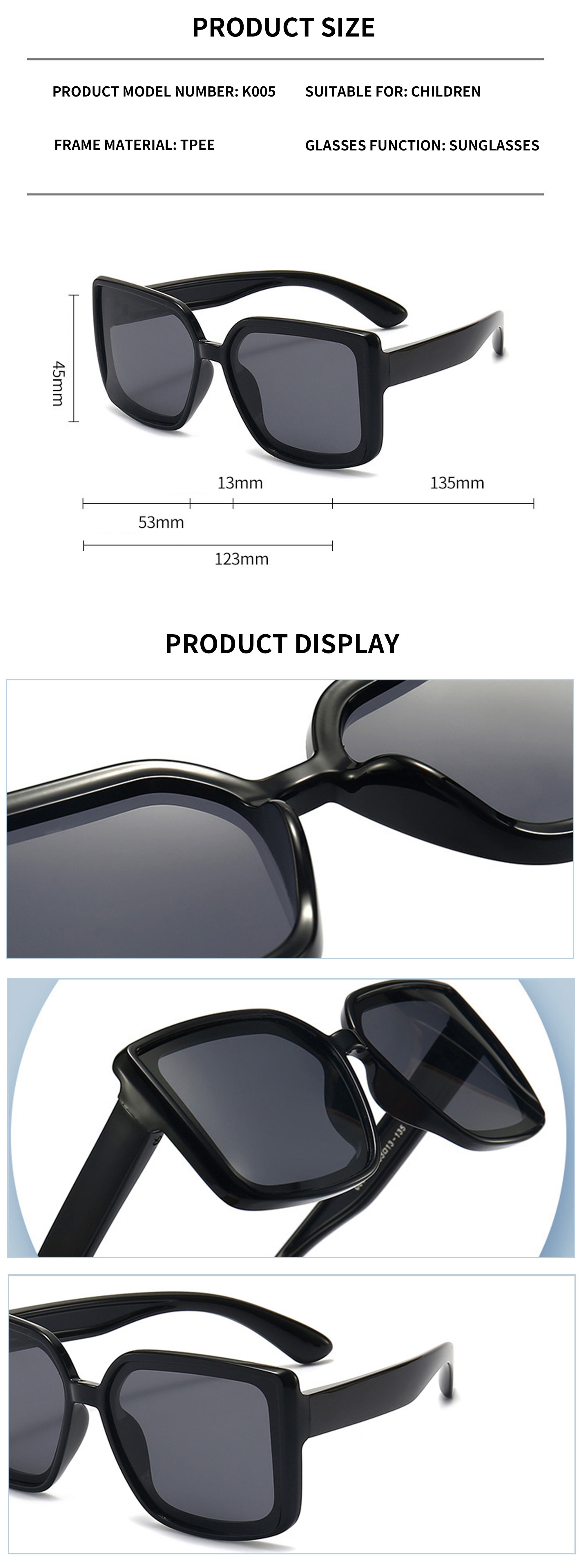 Hot Selling Girls Boys Big Frame Sunglasses Designer Customize Polarized Square Oversized Kids Sunglasses Details and Specifications