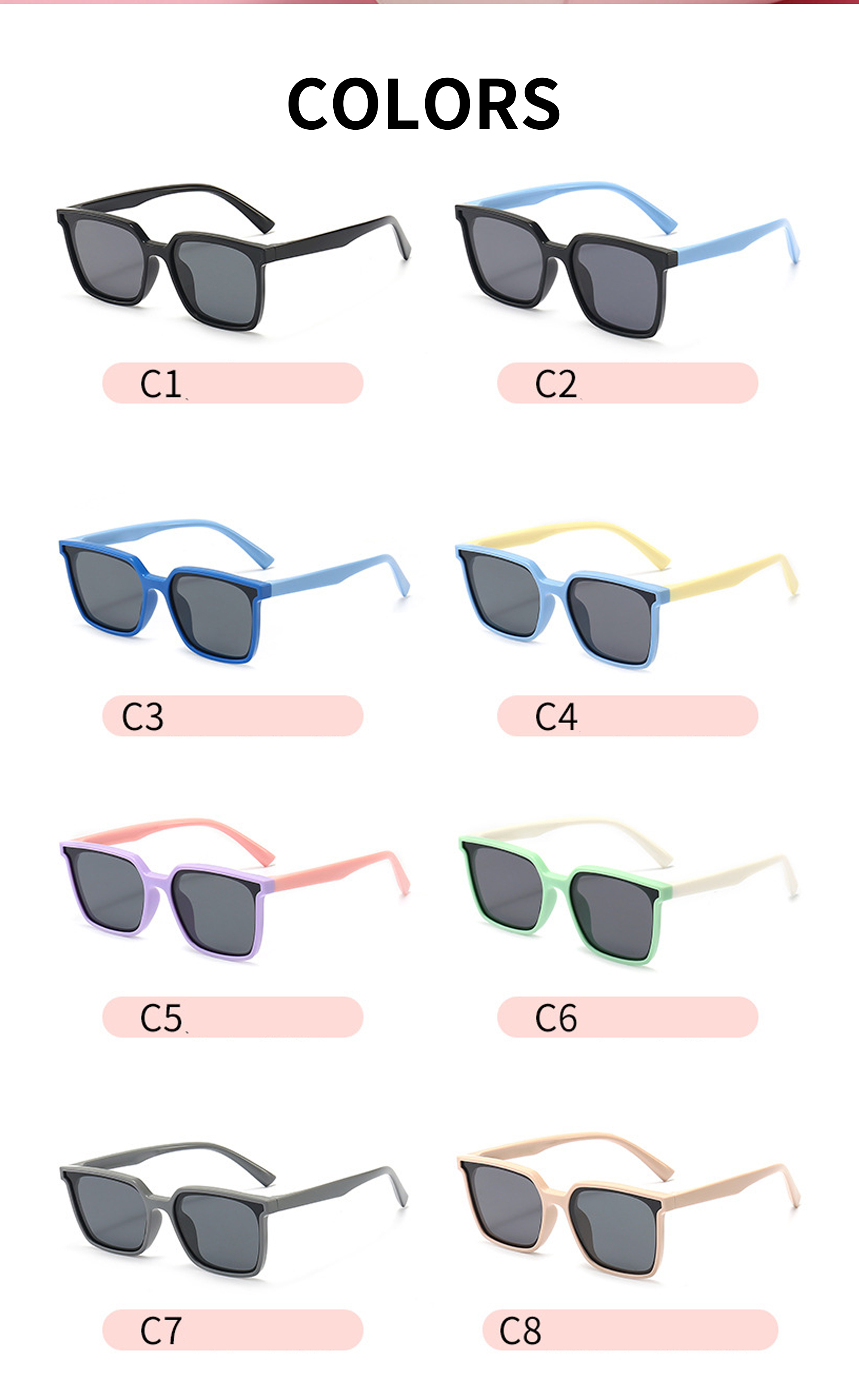 High Quality Square Shape Girls Boys Kids 8 Colors Uv400 Sunglasses Oversize Vintage Fashion Designer Baby Sunglasses Details and Specifications