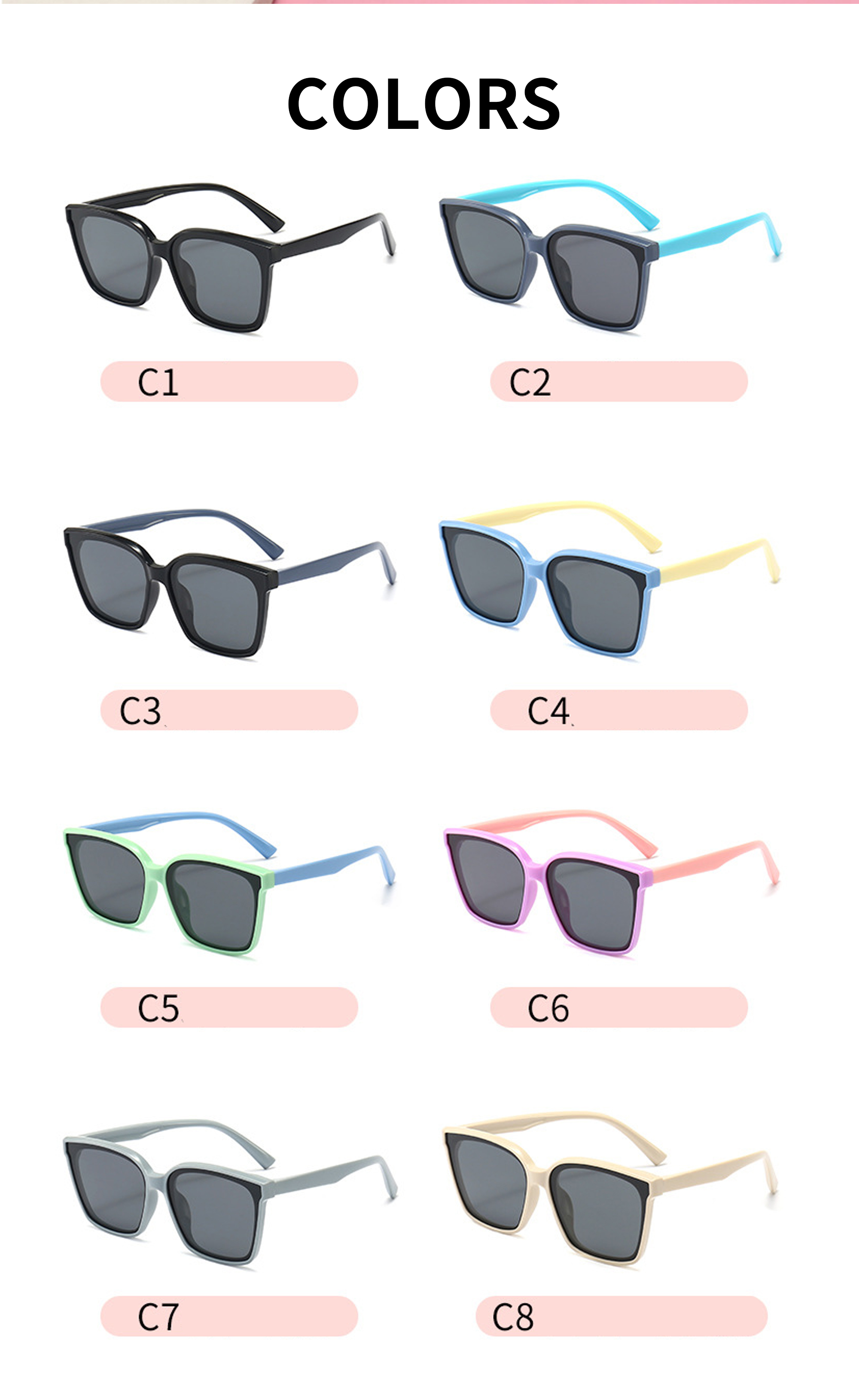 TPEE Kids Sunglasses Trendy 2025 Kids Square Sunglasses Frame Custom Logo Sun Shades Glasses for Children Girls Boys Details and Specifications