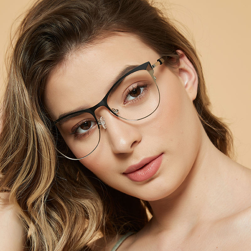 Glitter pink Women Cat Eye Optical Eyeglasses Frames Metal Eyewear Delicate Blue Light Blocking Glasses Computer Custom Eyewear