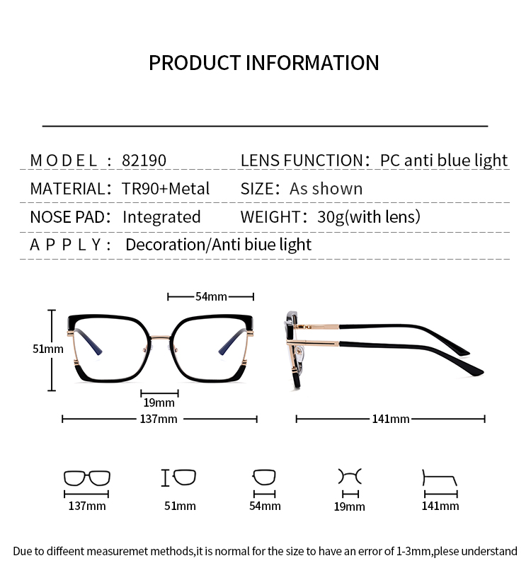 2025 New Women TR90+Metal Square Eyeglasses Frame Optical Anti-Blue Light Glasses Eyewear Colorful Fashionable Design Details and Specifications