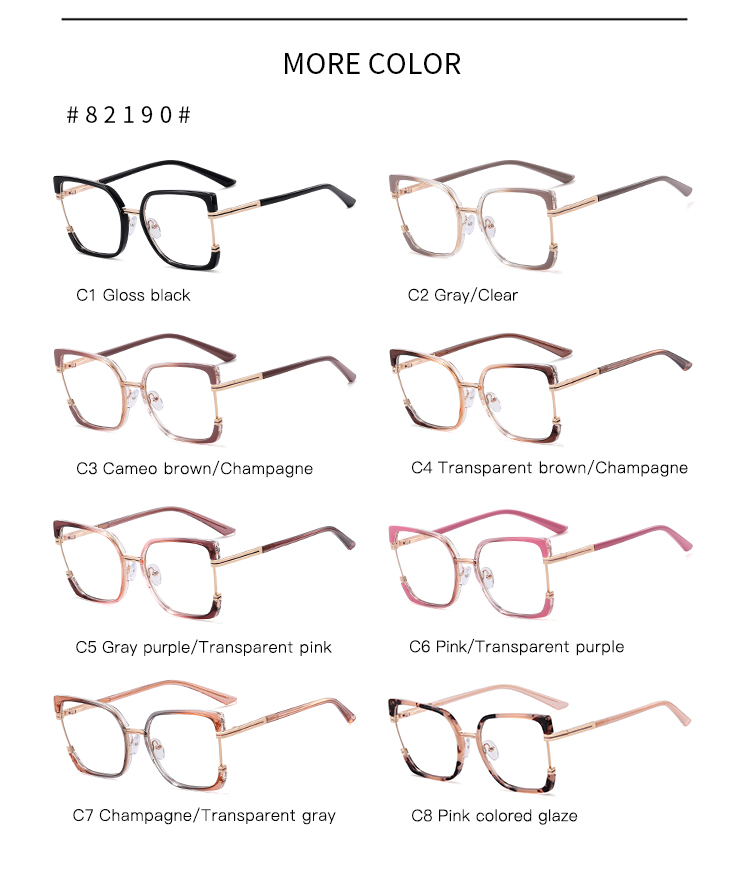2025 New Women TR90+Metal Square Eyeglasses Frame Optical Anti-Blue Light Glasses Eyewear Colorful Fashionable Design Details and Specifications