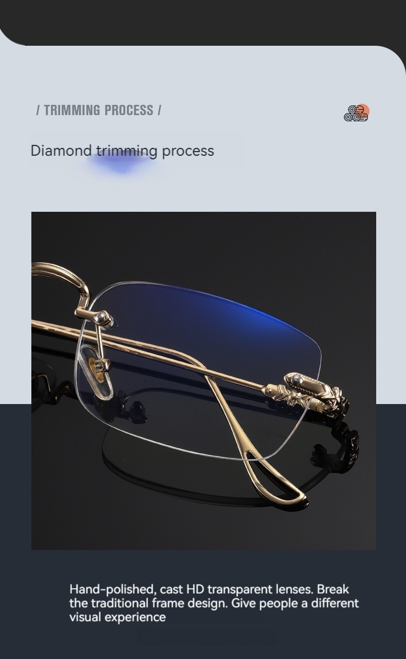 High Quality Fashion square Rhinestone Cut Rimless Presbyopia Metal Anti Blue Light Reading Glasses for Women Men Details and Specifications