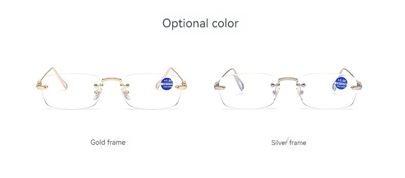 High Quality Fashion square Rhinestone Cut Rimless Presbyopia Metal Anti Blue Light Reading Glasses for Women Men Details and Specifications