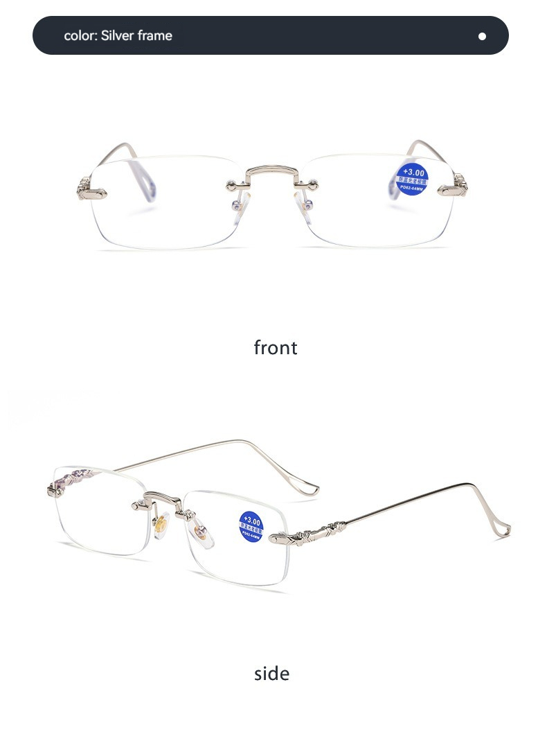 High Quality Fashion square Rhinestone Cut Rimless Presbyopia Metal Anti Blue Light Reading Glasses for Women Men Details and Specifications