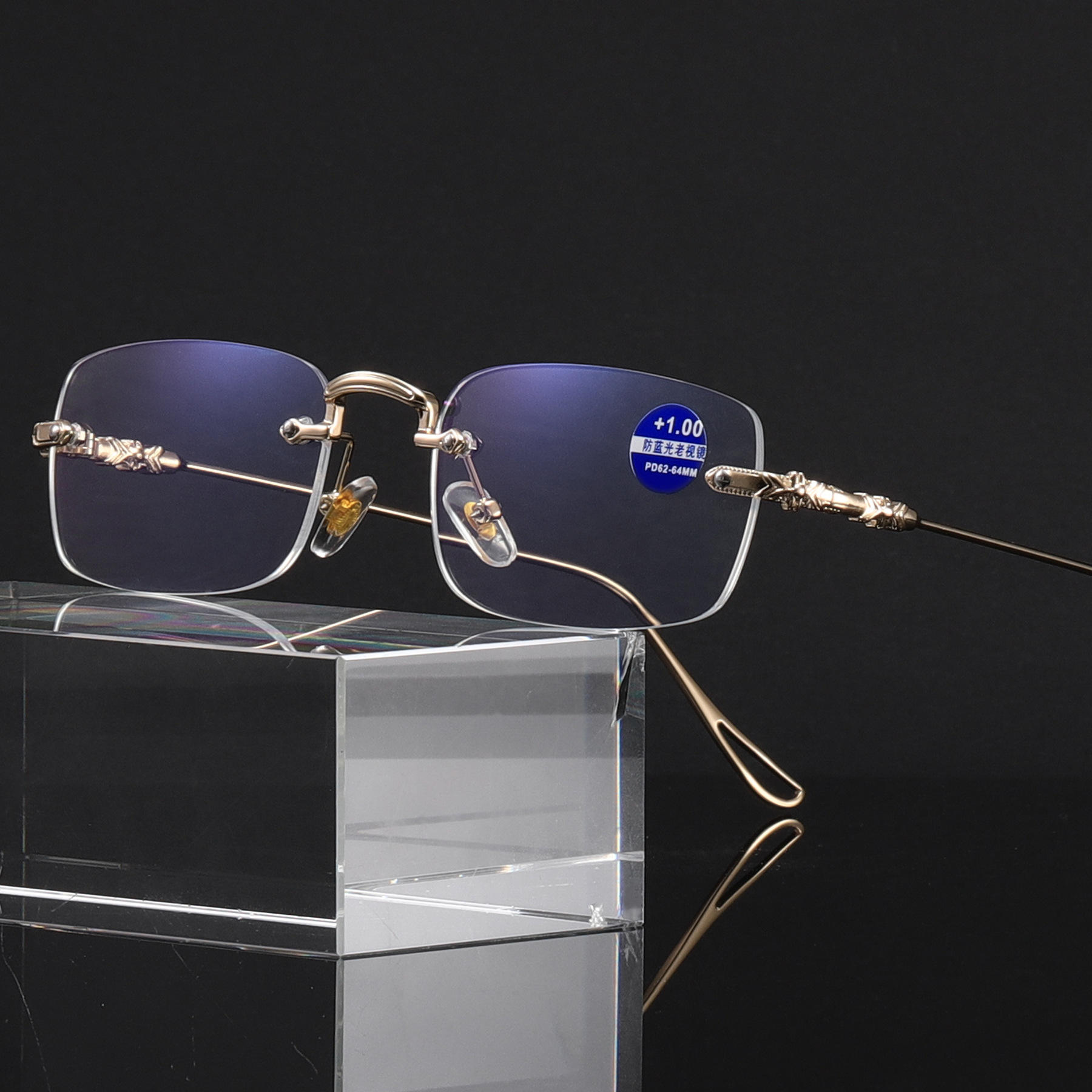 High Quality Fashion square Rhinestone Cut Rimless Presbyopia Metal Anti Blue Light Reading Glasses for Women Men Custom Eyewear