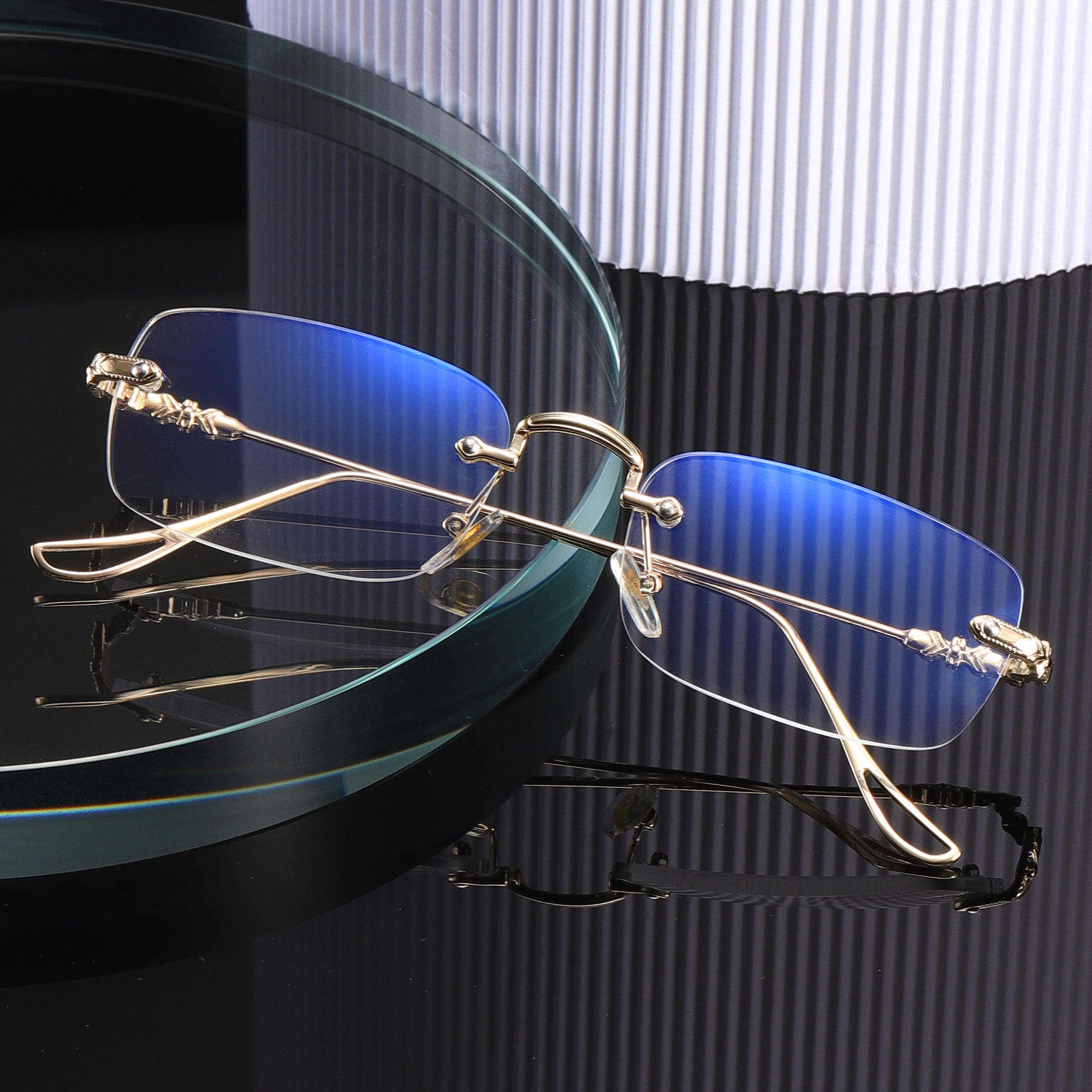 High Quality Fashion square Rhinestone Cut Rimless Presbyopia Metal Anti Blue Light Reading Glasses for Women Men Custom Eyewear