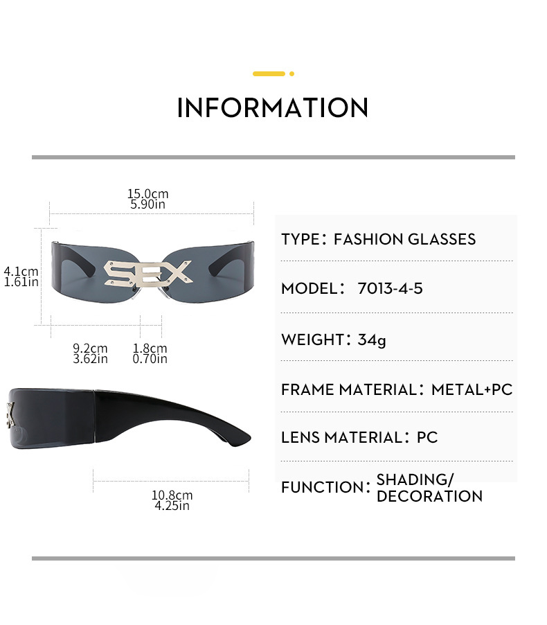 2025 New Rimless Party Sunglasses for Men and Women Personality Glasses One Metal Decorative Glasseso Details and Specifications
