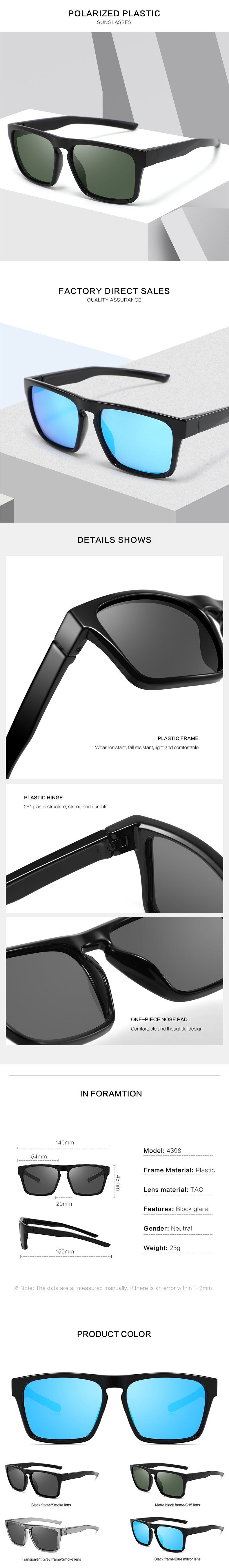 Square Polarized Plastic Sunglasses Men Classic square Frame Custom logo Sunglasses for Outdoor Details and Specifications
