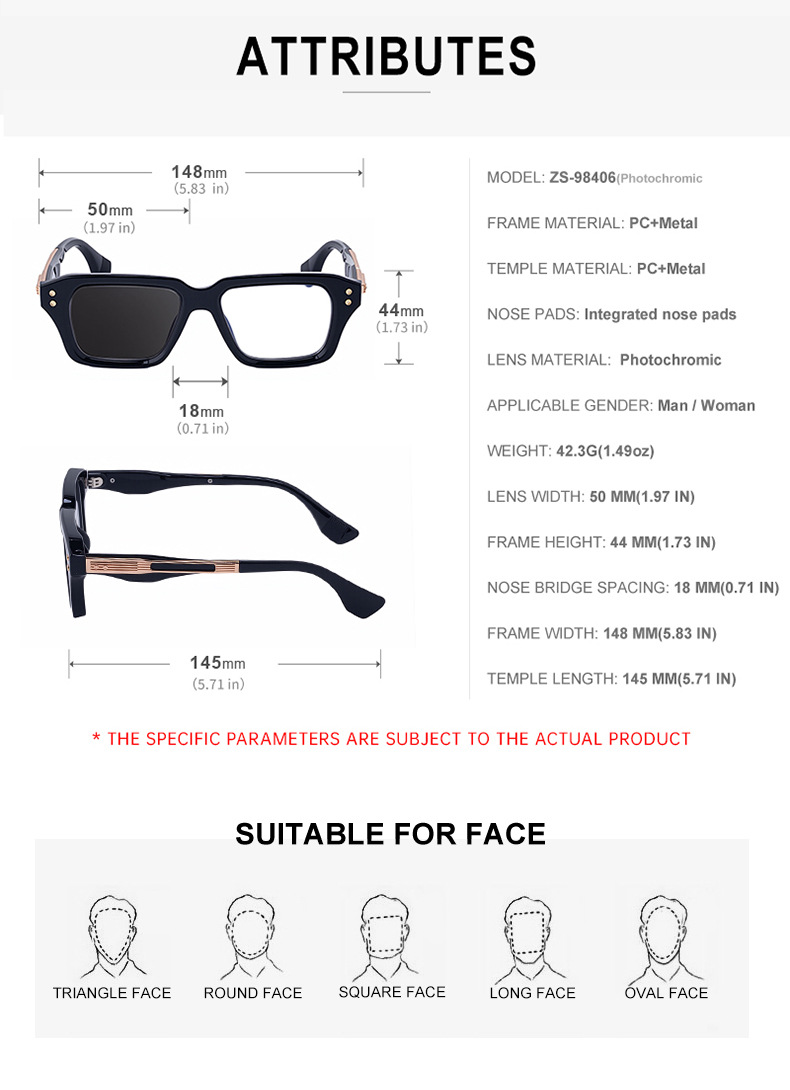 2026 New Men's Chic Square Photochromic Sunglasses. Personalized Outdoor Gear with UV400 Protection Details and Specifications