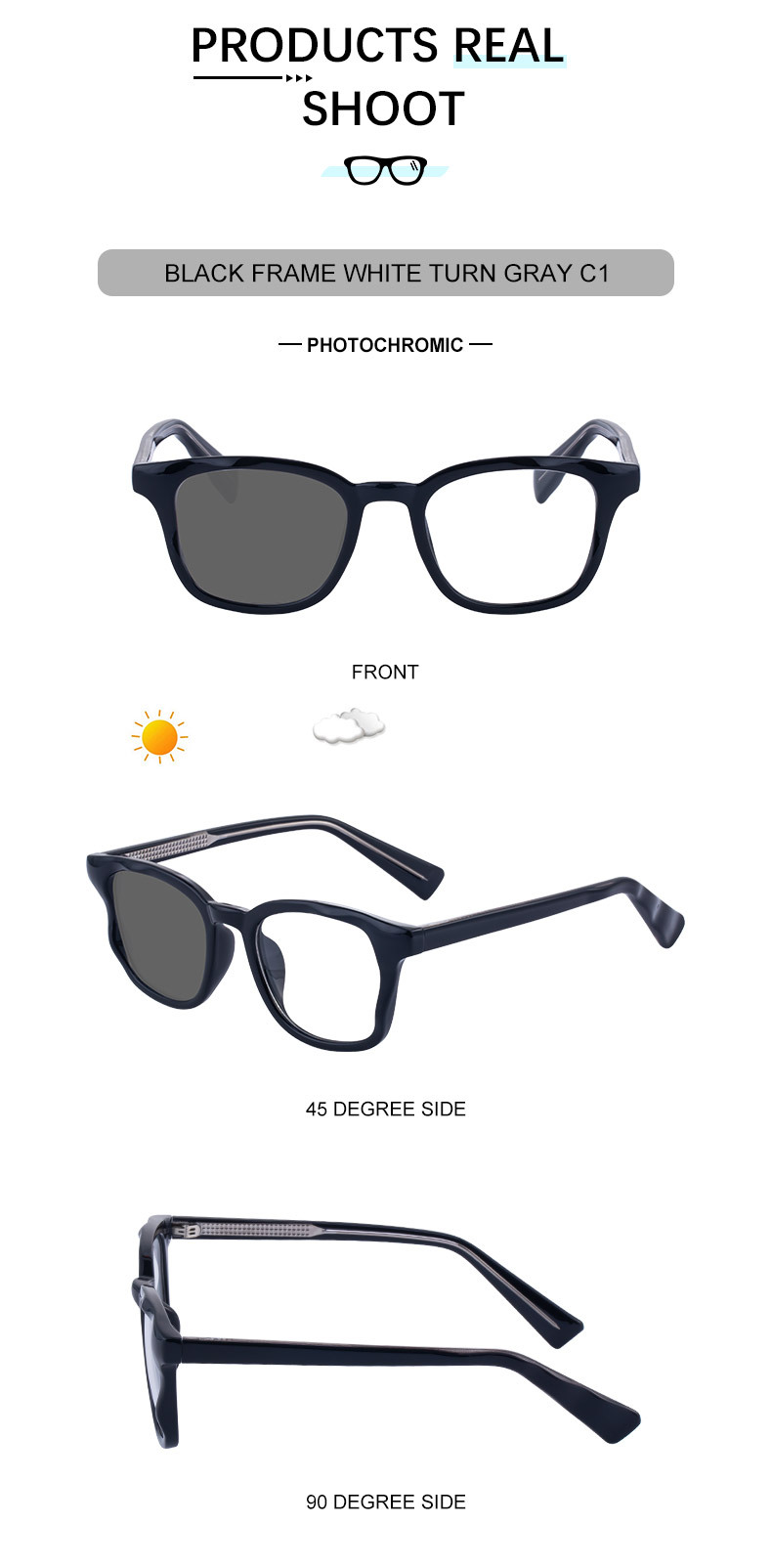 Trendy Women's Square Photochromic Sunglasses – EU/US Style Propionate Frame with Insert Pins for Outdoor UV Protection Details and Specifications