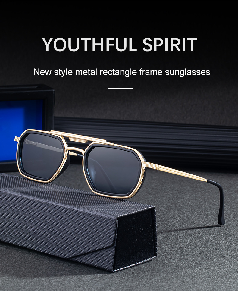 Men's Retro Square Sunglasses - Trendy Punk Style, Double Bridge Design & Flexible Spring Temples – Vintage Cool Eyewear Details and Specifications