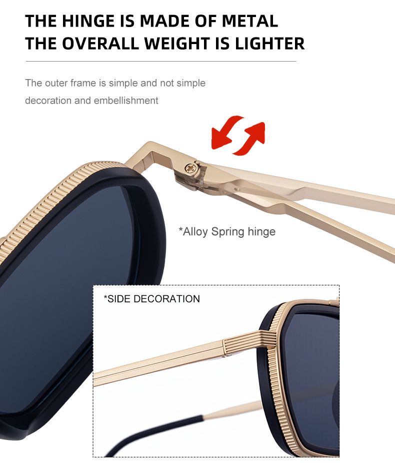 Men's Retro Square Sunglasses - Trendy Punk Style, Double Bridge Design & Flexible Spring Temples – Vintage Cool Eyewear Details and Specifications