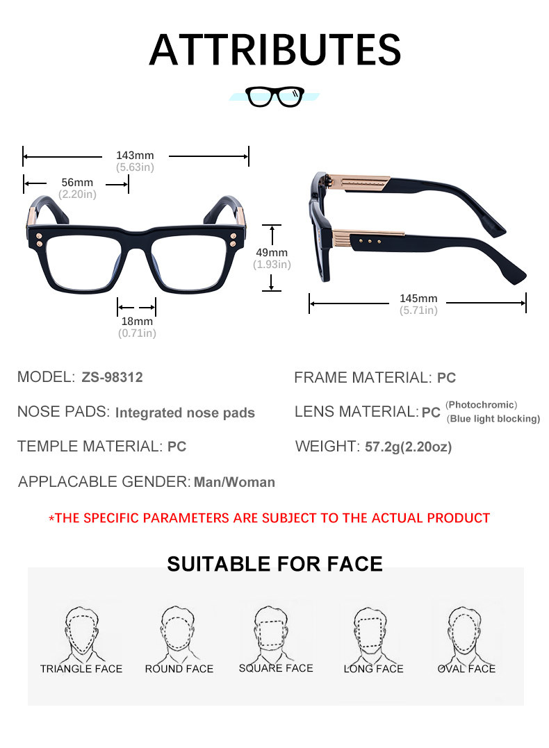 Men's Retro Square Photochromic Sunglasses - EU/US Fashion Style, Unique Design & UV400 Protection for Outdoor Activities Details and Specifications