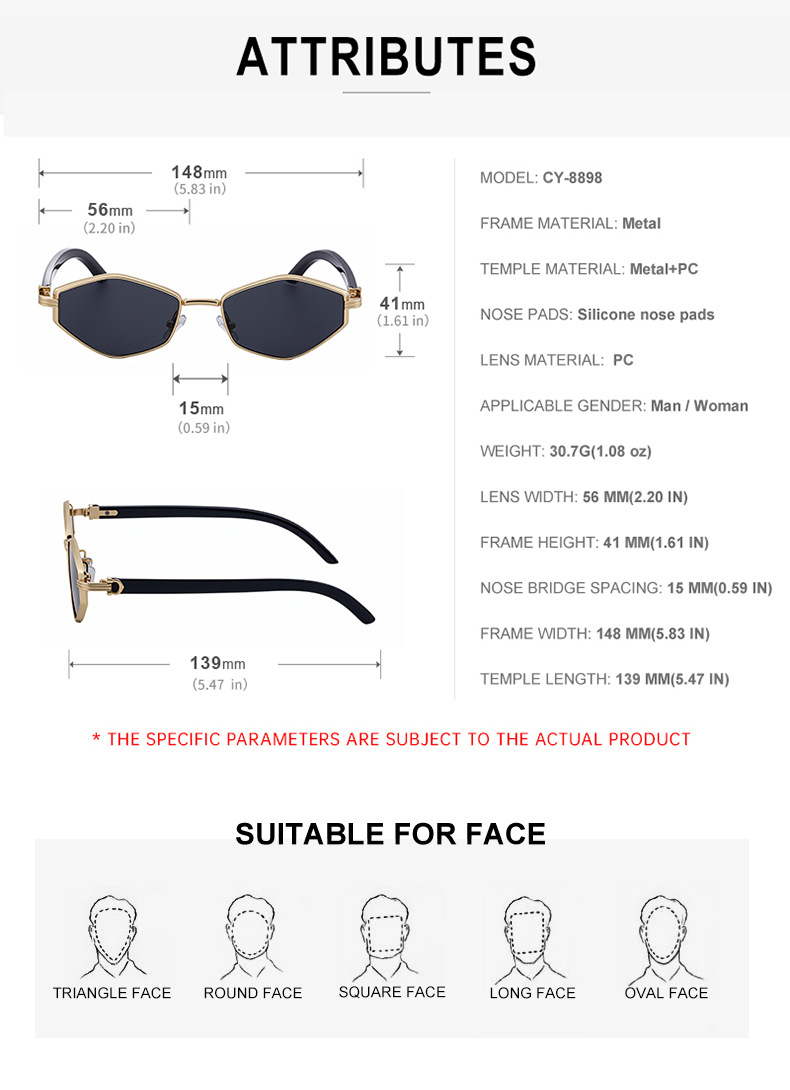 Women's Trendy Polygon Sunglasses - Unique Geometric Metal Frame – Chic Street Style & UV400 Sun Protection Details and Specifications