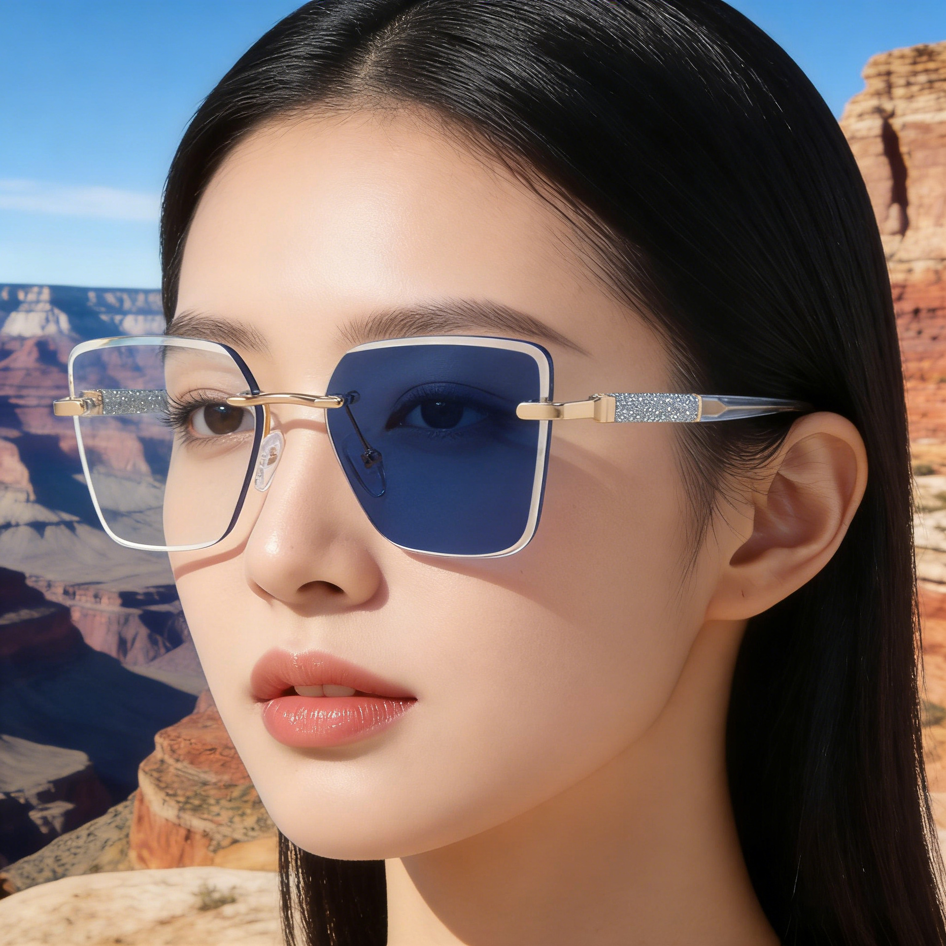 Women's Trendy Square Rimless Photochromic Sunglasses - Thickened Impact-Resistant Lenses with Flexible Spring Hinges – All-Day Comfort & UV Protection Details and Specifications