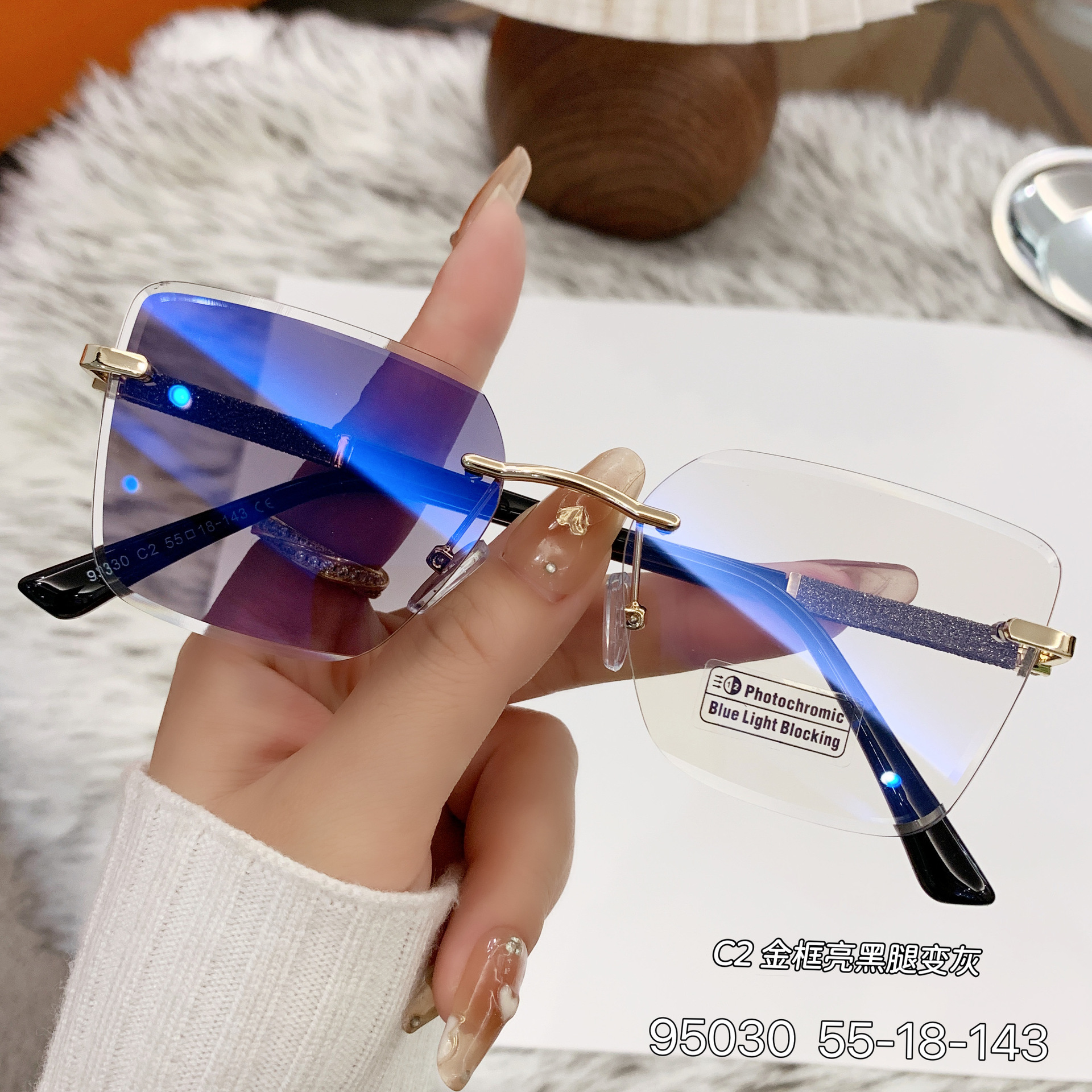 Women's Trendy Square Rimless Photochromic Sunglasses - Thickened Impact-Resistant Lenses with Flexible Spring Hinges – All-Day Comfort & UV Protection Details and Specifications