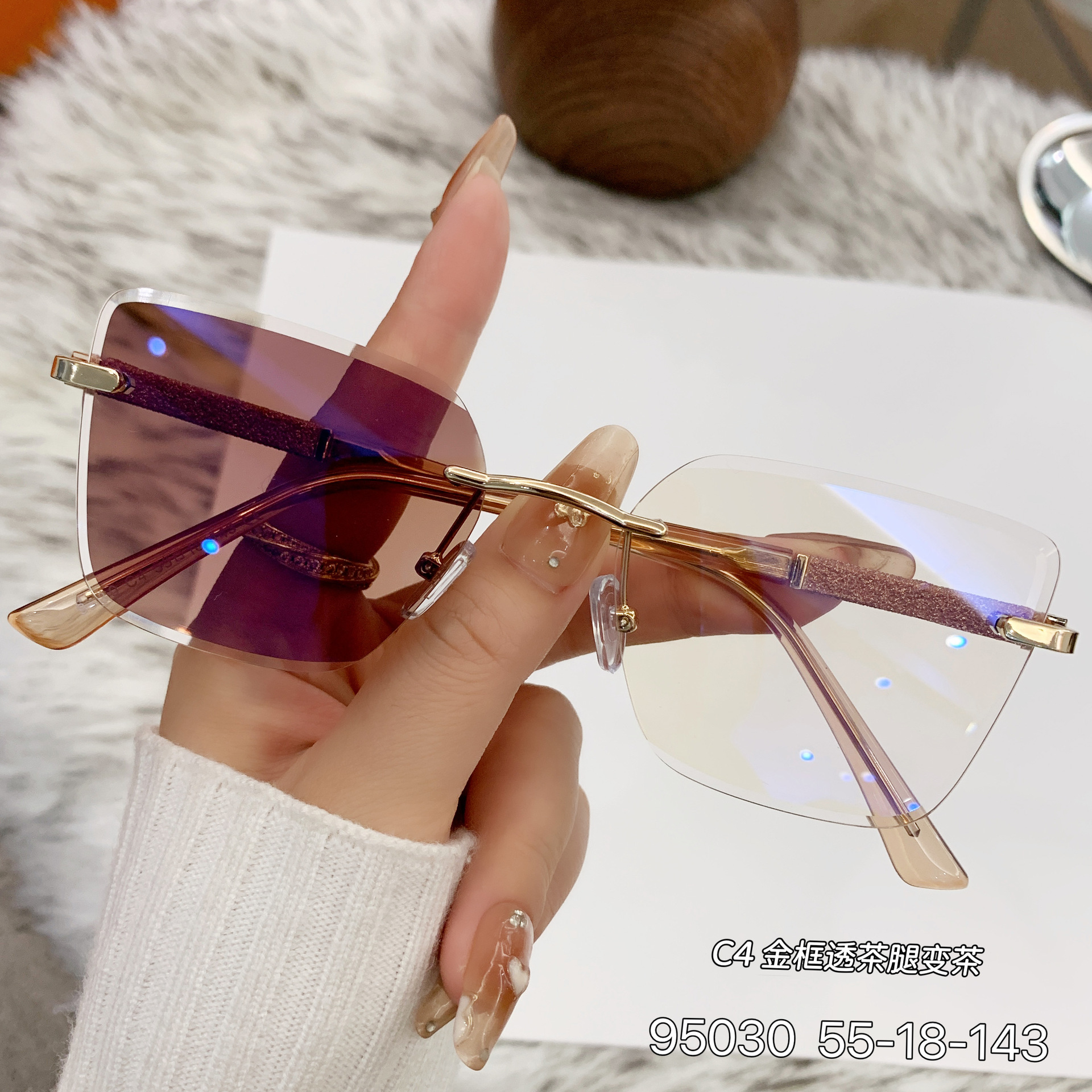 Women's Trendy Square Rimless Photochromic Sunglasses - Thickened Impact-Resistant Lenses with Flexible Spring Hinges – All-Day Comfort & UV Protection Details and Specifications