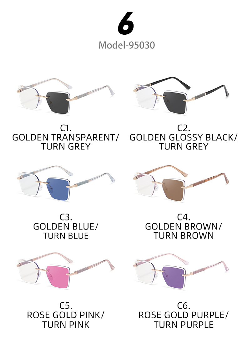 Women's Trendy Square Rimless Photochromic Sunglasses - Thickened Impact-Resistant Lenses with Flexible Spring Hinges – All-Day Comfort & UV Protection Details and Specifications