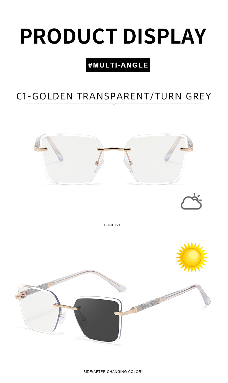 Women's Trendy Square Rimless Photochromic Sunglasses - Thickened Impact-Resistant Lenses with Flexible Spring Hinges – All-Day Comfort & UV Protection Details and Specifications