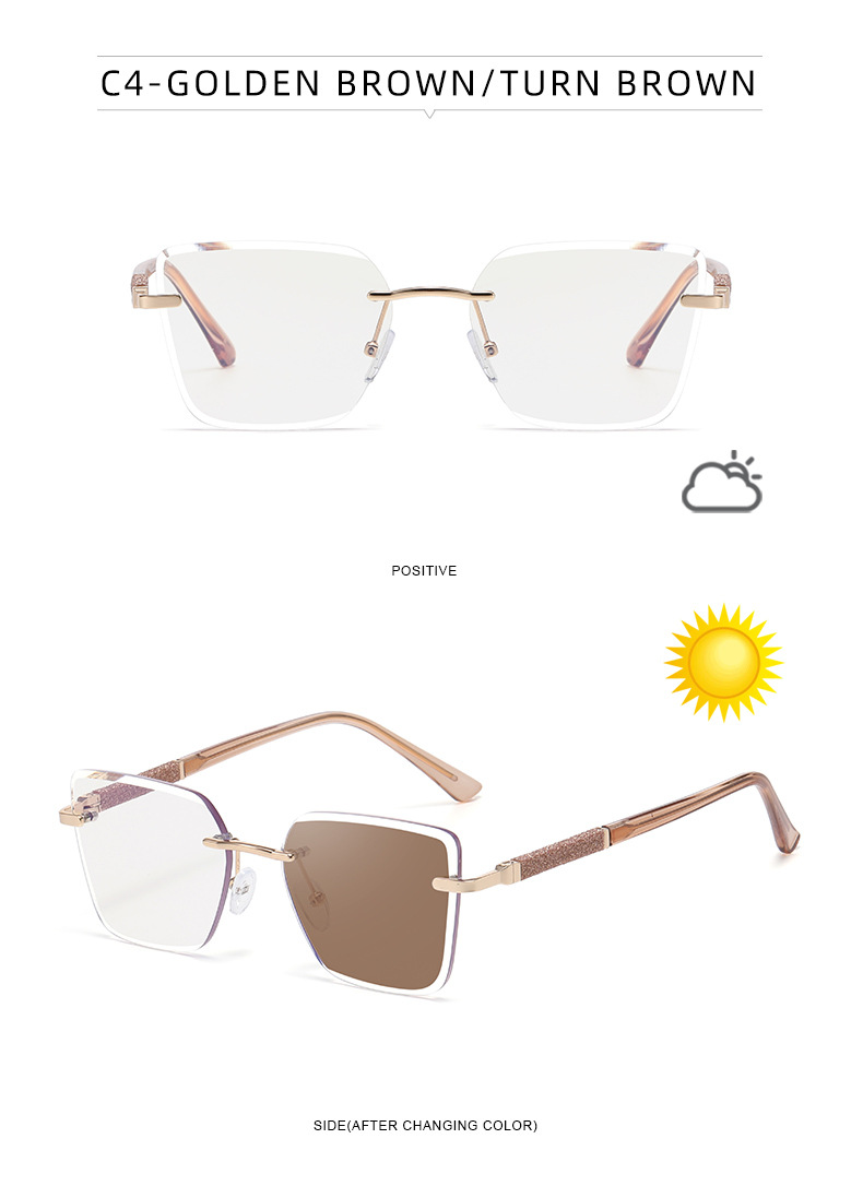 Women's Trendy Square Rimless Photochromic Sunglasses - Thickened Impact-Resistant Lenses with Flexible Spring Hinges – All-Day Comfort & UV Protection Details and Specifications