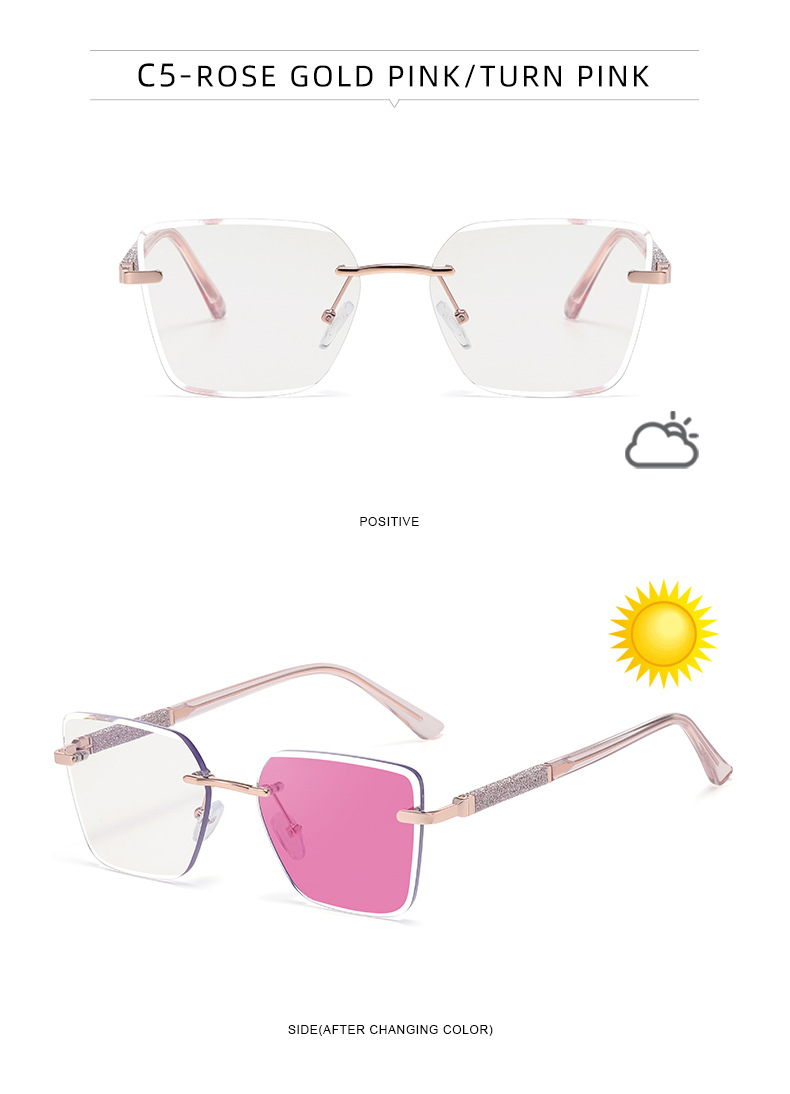 Women's Trendy Square Rimless Photochromic Sunglasses - Thickened Impact-Resistant Lenses with Flexible Spring Hinges – All-Day Comfort & UV Protection Details and Specifications