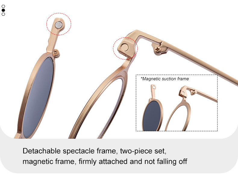 Men's Stylish Round Clip-On Sunglasses - Magnetic Attachment with Metal Temples – High-End Retro Sun Protection Eyewear Details and Specifications