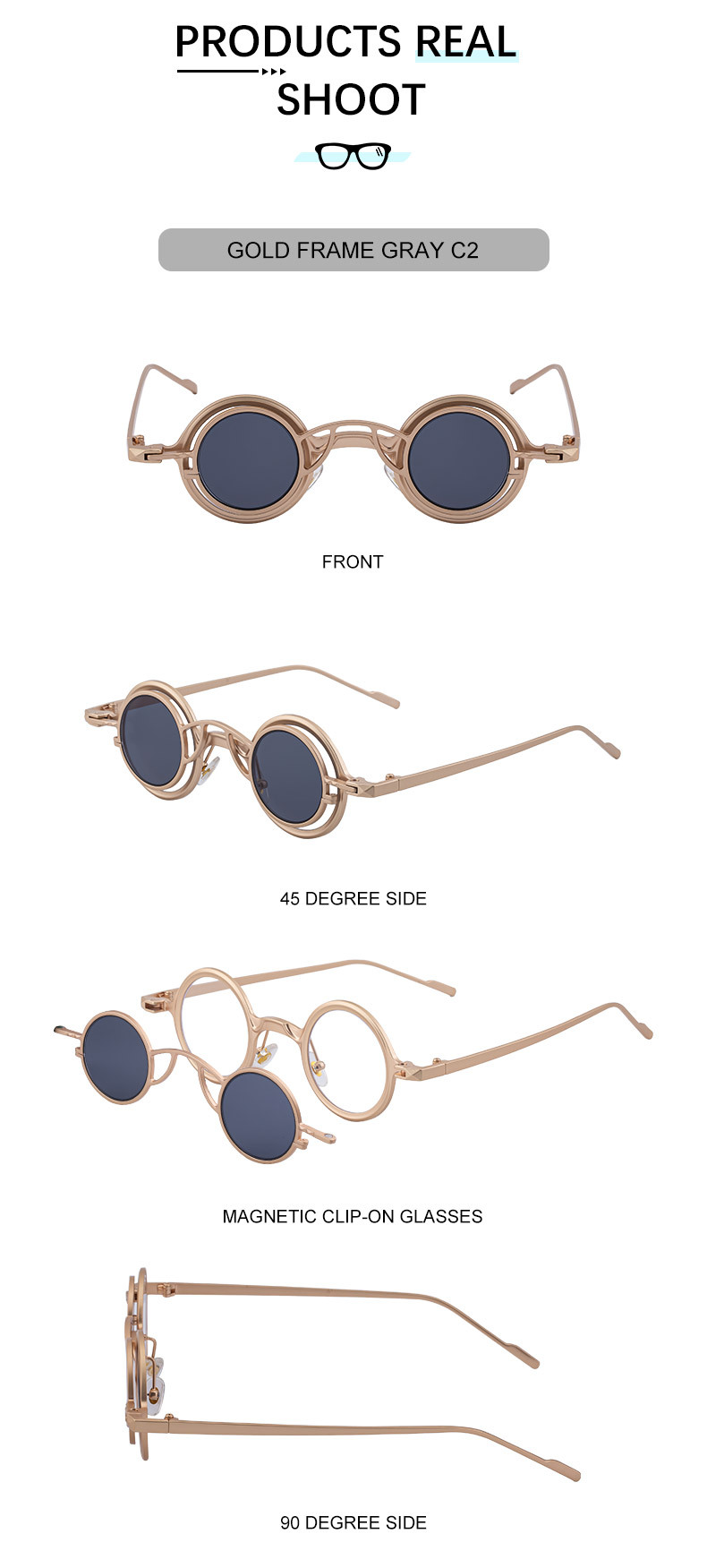 Men's Stylish Round Clip-On Sunglasses - Magnetic Attachment with Metal Temples – High-End Retro Sun Protection Eyewear Details and Specifications