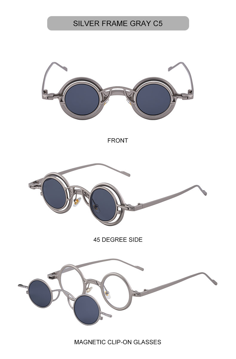 Men's Stylish Round Clip-On Sunglasses - Magnetic Attachment with Metal Temples – High-End Retro Sun Protection Eyewear Details and Specifications