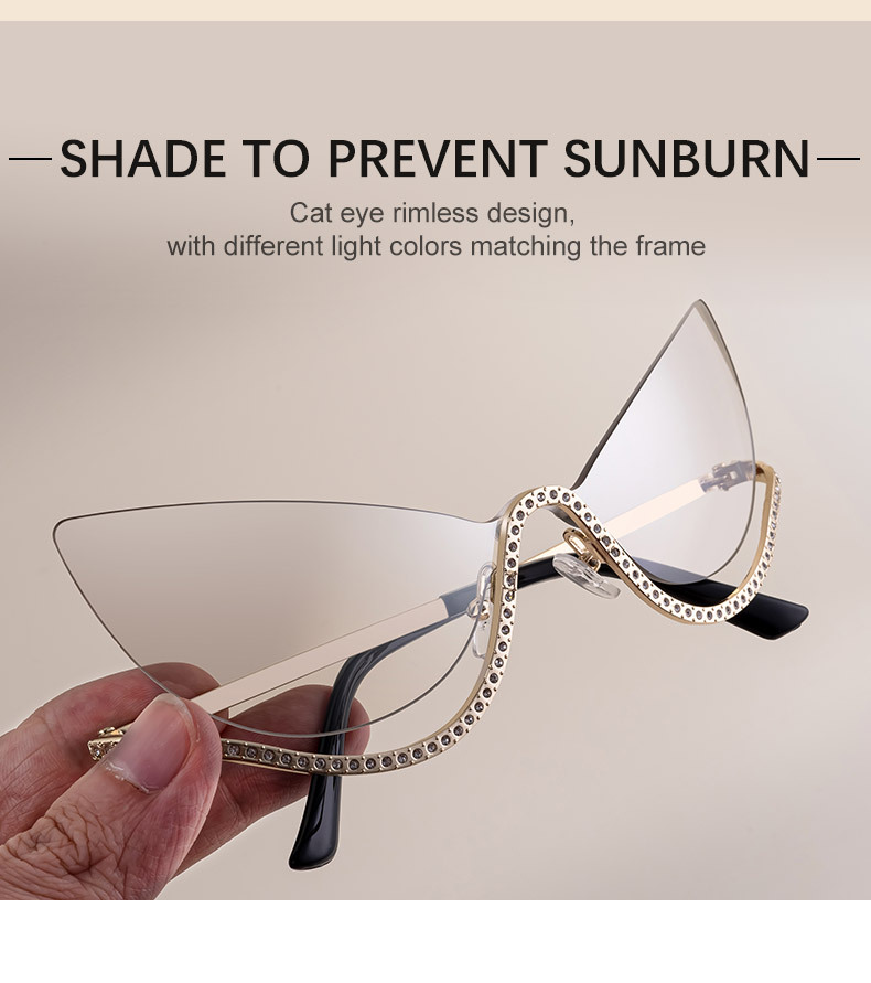 Women's Trendy Rimless Cat-Eye Sunglasses - Unique High-End Rhinestone Embellished Eyewear – Stylish Outdoor Street Fashion Sun Protection Details and Specifications