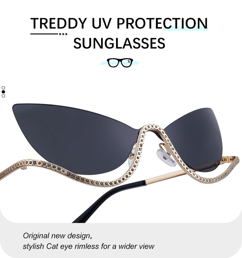 Women's Trendy Rimless Cat-Eye Sunglasses - Unique High-End Rhinestone Embellished Eyewear – Stylish Outdoor Street Fashion Sun Protection Details and Specifications