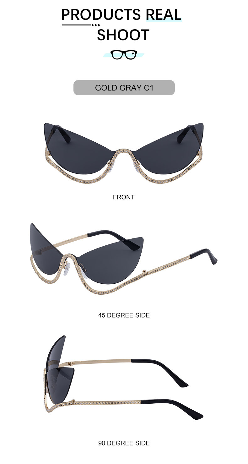 Women's Trendy Rimless Cat-Eye Sunglasses - Unique High-End Rhinestone Embellished Eyewear – Stylish Outdoor Street Fashion Sun Protection Details and Specifications