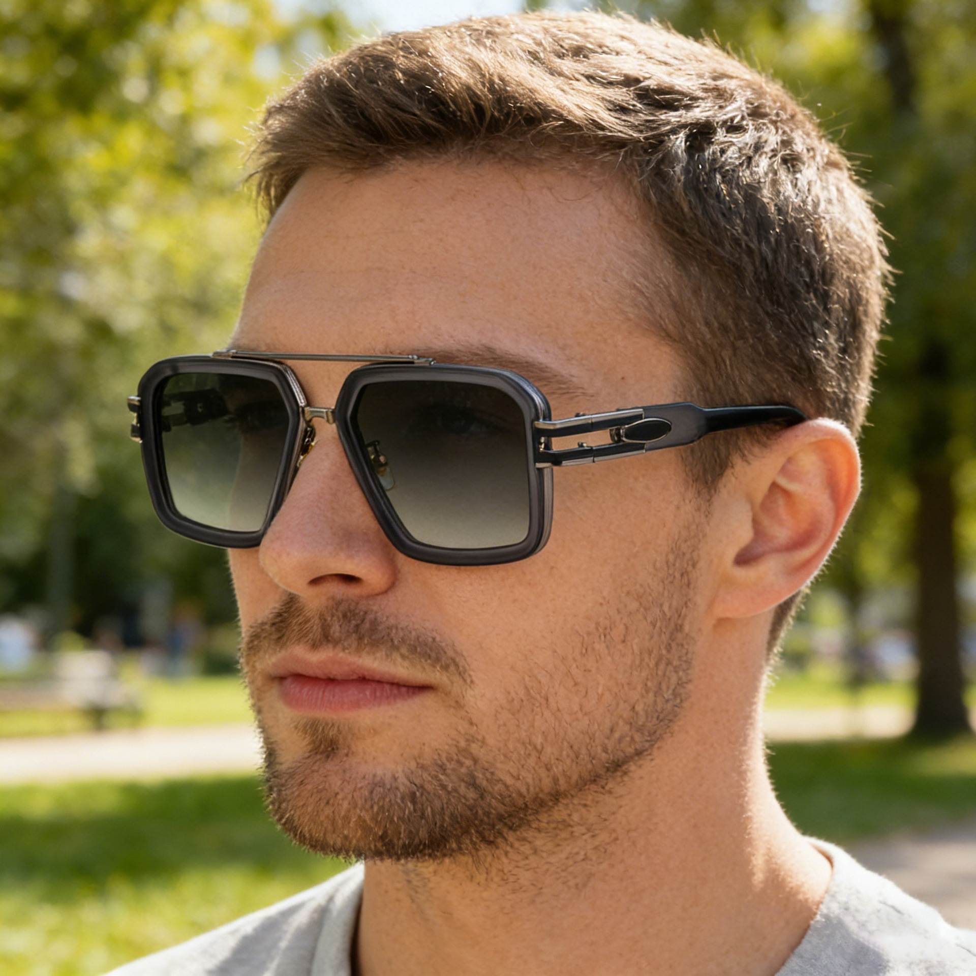 Men's Retro Square Sunglasses with Double Bridge - New High-End Fashion Eyewear for Outdoor Sun Protection – Stylish Male Shades Custom Eyewear