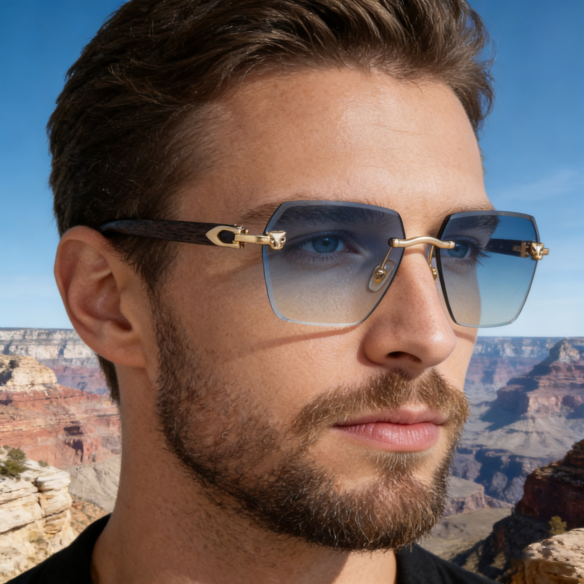 New Men's Premium Photochromic Square Sunglasses – Rimless Retro Design with Leopard Head & Wood Grain Pattern for Outdoor Driving Details and Specifications