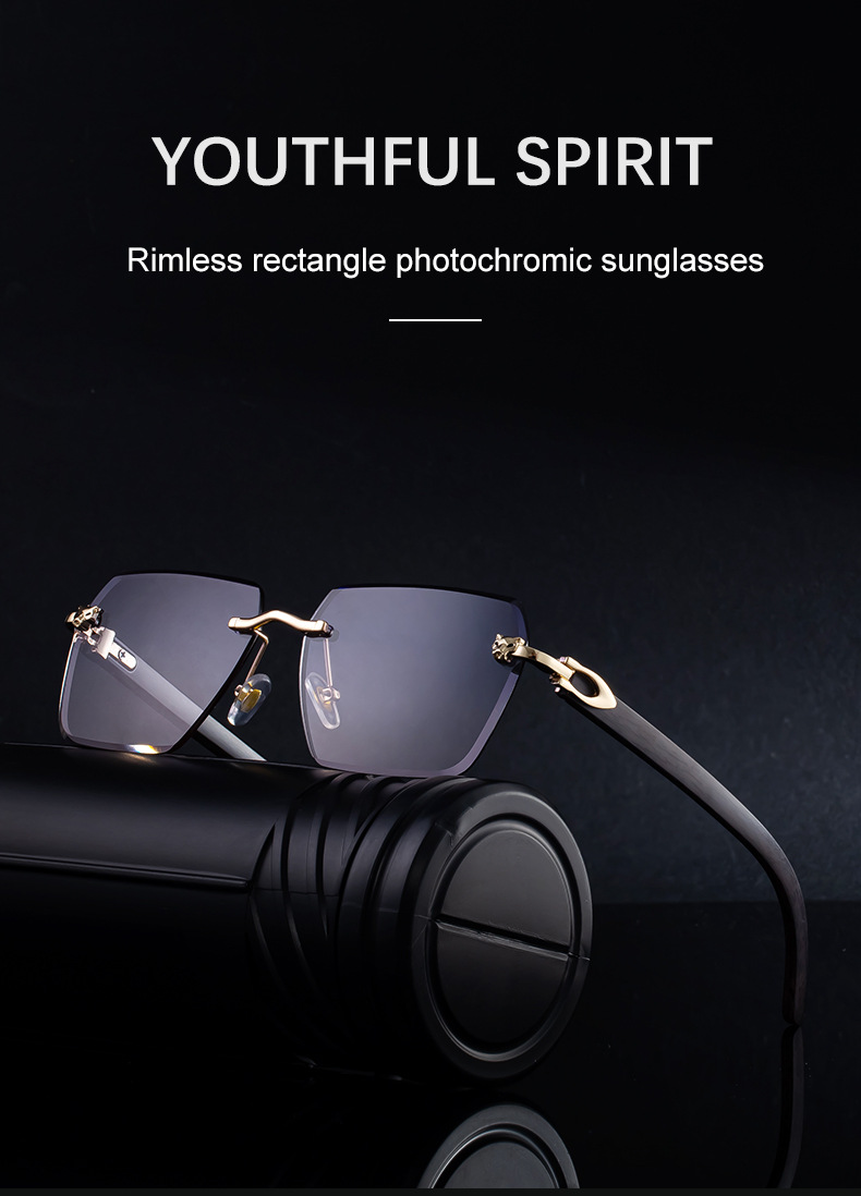 New Men's Premium Photochromic Square Sunglasses – Rimless Retro Design with Leopard Head & Wood Grain Pattern for Outdoor Driving Details and Specifications