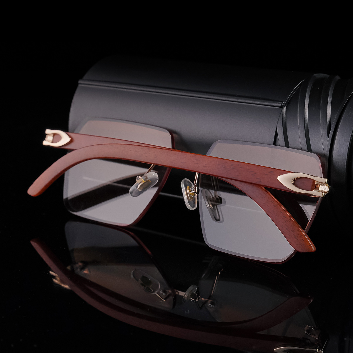 New Men's Premium Photochromic Square Sunglasses – Rimless Retro Design with Leopard Head & Wood Grain Pattern for Outdoor Driving Details and Specifications