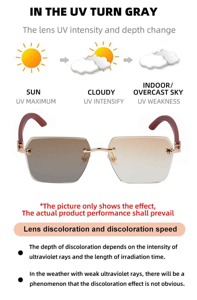 New Men's Premium Photochromic Square Sunglasses – Rimless Retro Design with Leopard Head & Wood Grain Pattern for Outdoor Driving Details and Specifications