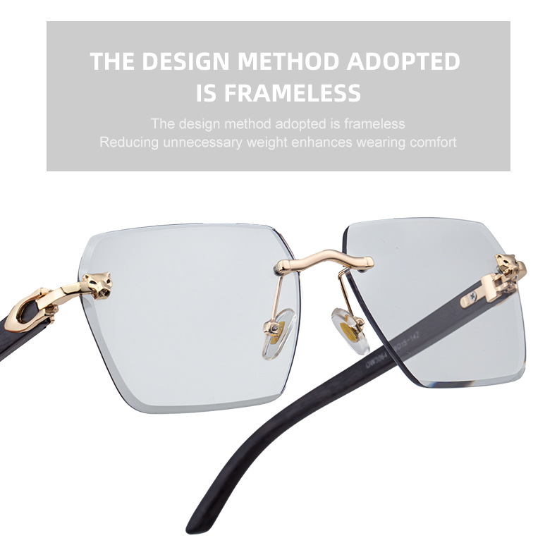 New Men's Premium Photochromic Square Sunglasses – Rimless Retro Design with Leopard Head & Wood Grain Pattern for Outdoor Driving Details and Specifications