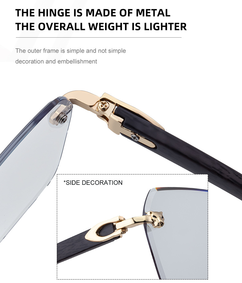 New Men's Premium Photochromic Square Sunglasses – Rimless Retro Design with Leopard Head & Wood Grain Pattern for Outdoor Driving Details and Specifications