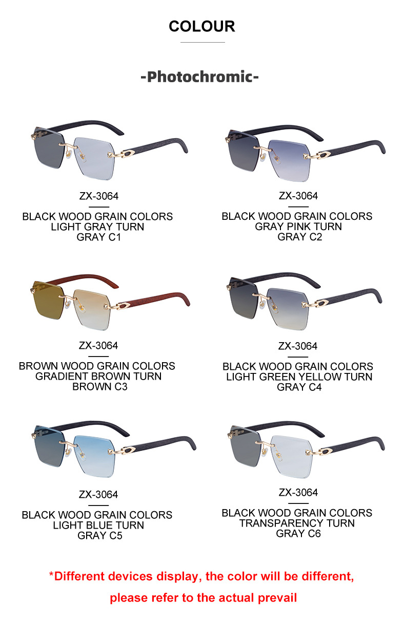 New Men's Premium Photochromic Square Sunglasses – Rimless Retro Design with Leopard Head & Wood Grain Pattern for Outdoor Driving Details and Specifications