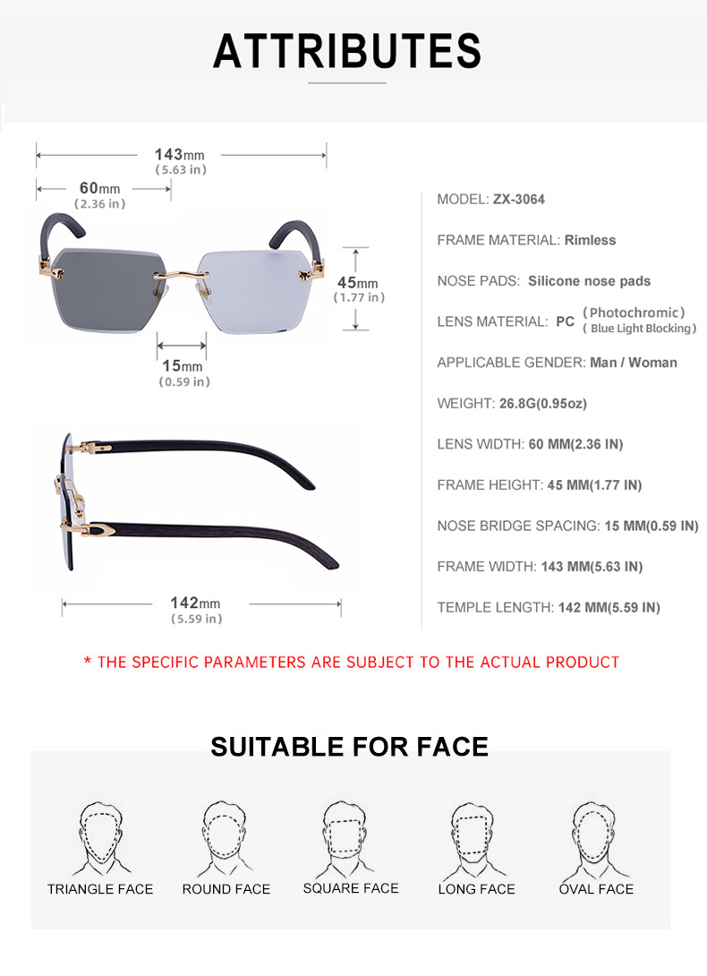 New Men's Premium Photochromic Square Sunglasses – Rimless Retro Design with Leopard Head & Wood Grain Pattern for Outdoor Driving Details and Specifications