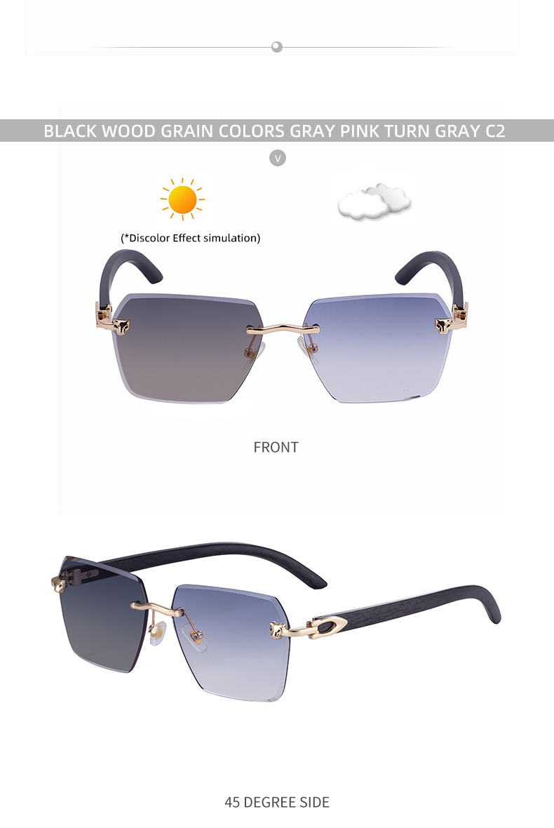 New Men's Premium Photochromic Square Sunglasses – Rimless Retro Design with Leopard Head & Wood Grain Pattern for Outdoor Driving Details and Specifications