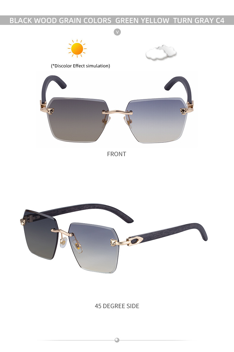 New Men's Premium Photochromic Square Sunglasses – Rimless Retro Design with Leopard Head & Wood Grain Pattern for Outdoor Driving Details and Specifications
