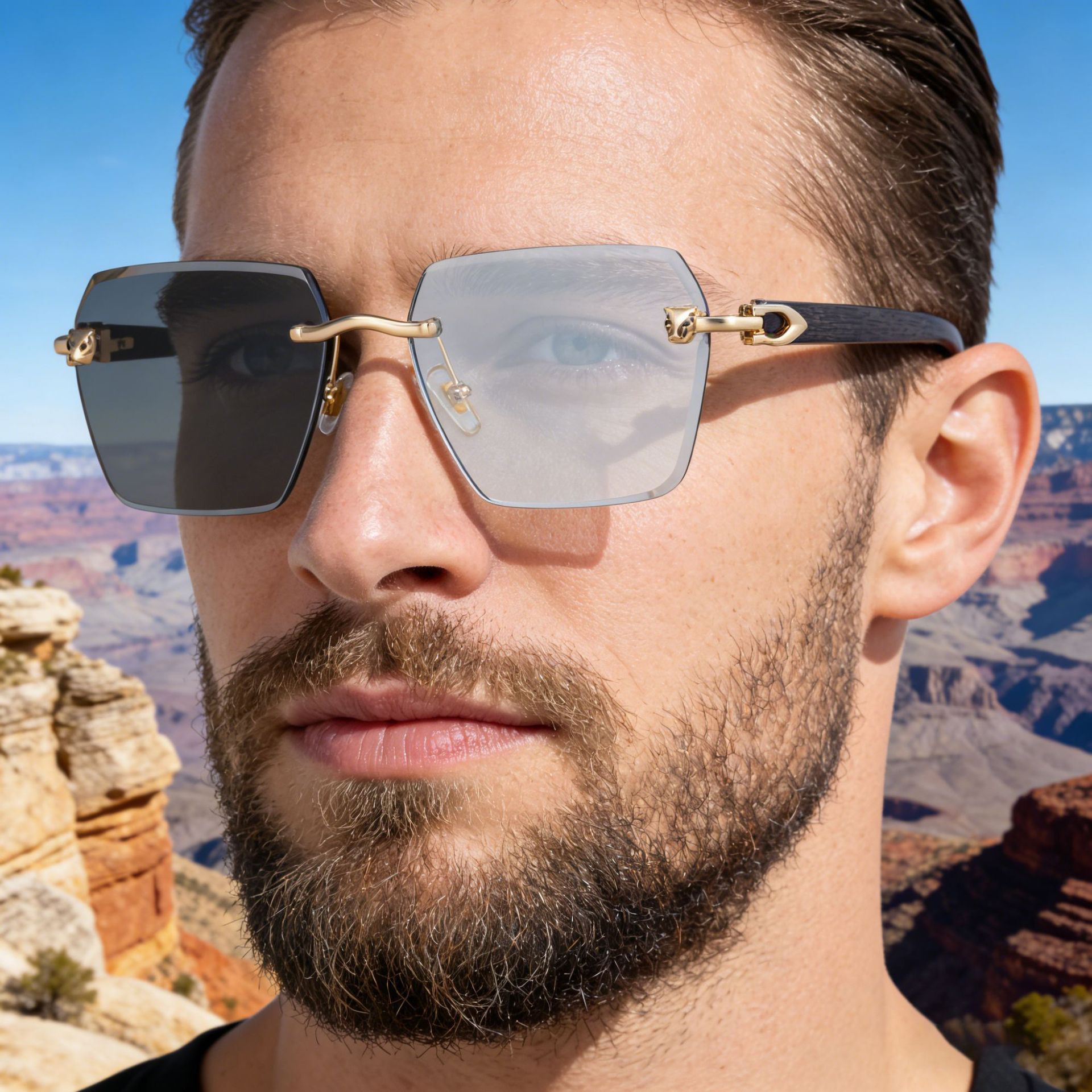 New Men's Premium Photochromic Square Sunglasses – Rimless Retro Design with Leopard Head & Wood Grain Pattern for Outdoor Driving Custom Eyewear