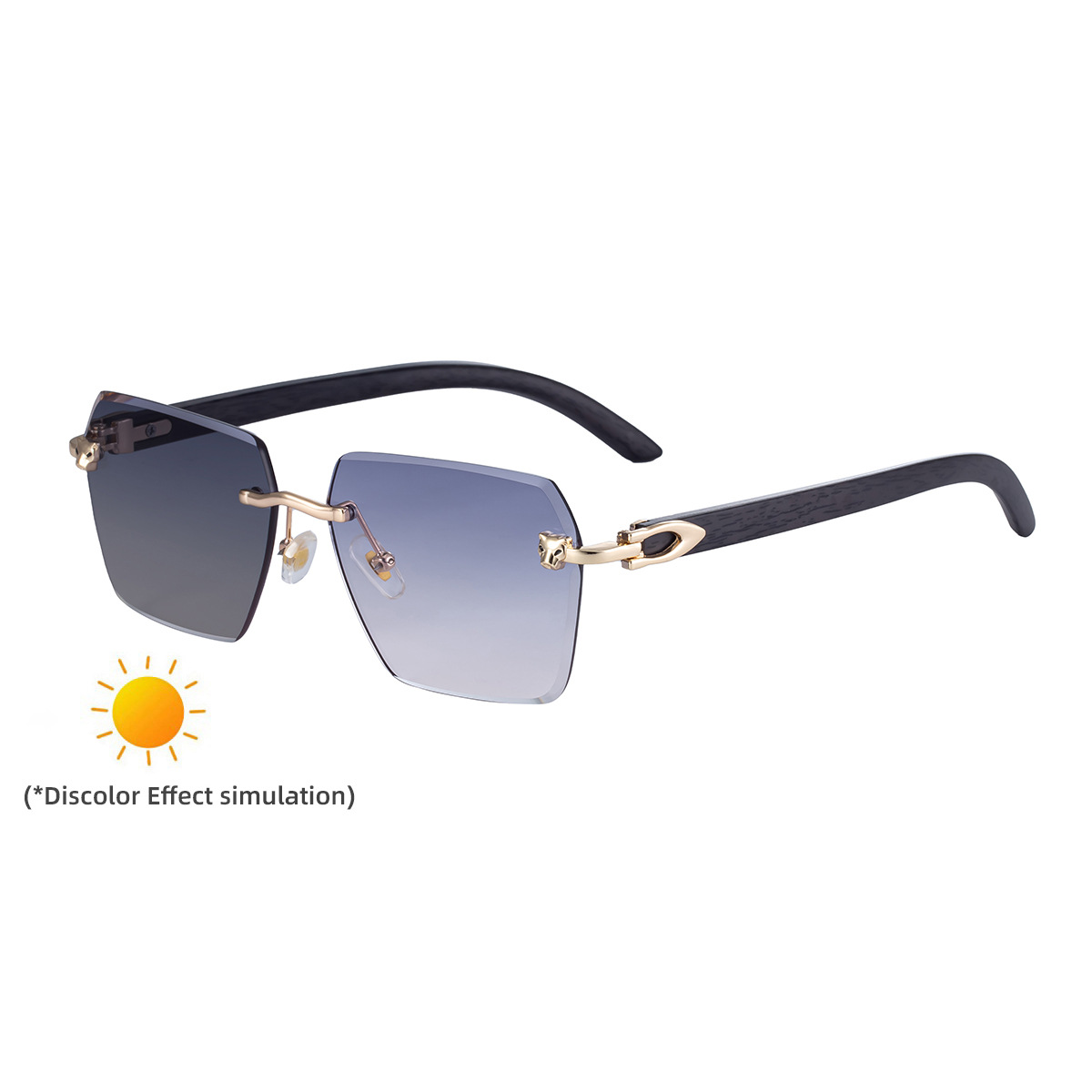 New Men's Premium Photochromic Square Sunglasses – Rimless Retro Design with Leopard Head & Wood Grain Pattern for Outdoor Driving Custom Eyewear