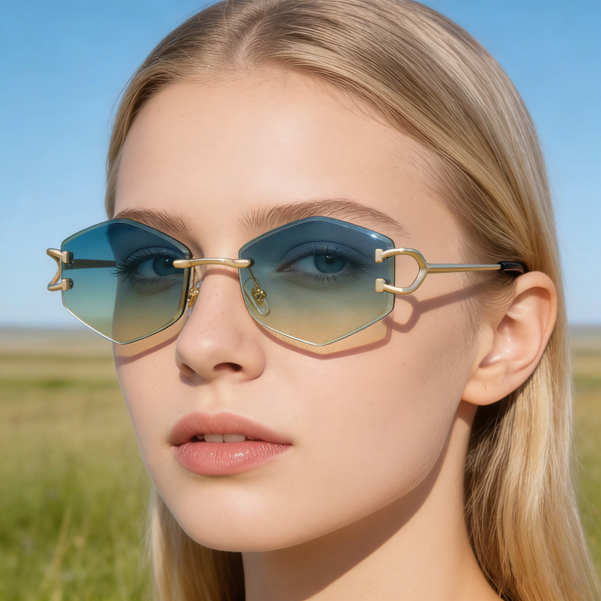 2026 New Fashion Rimless Sunglasses for Women – Trendy Metal Temple Street Style UV400 Outdoor Sun Glasses Details and Specifications