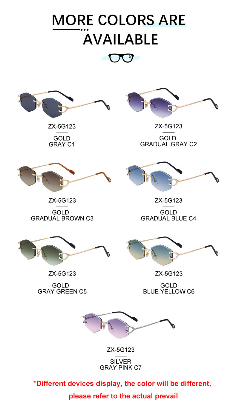 2026 New Fashion Rimless Sunglasses for Women – Trendy Metal Temple Street Style UV400 Outdoor Sun Glasses Details and Specifications